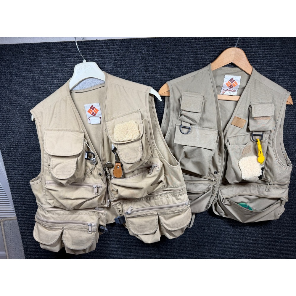 2 Columbia Sportswear Vintage Fishing Vest Tan Khaki Utility Multi-Pocket